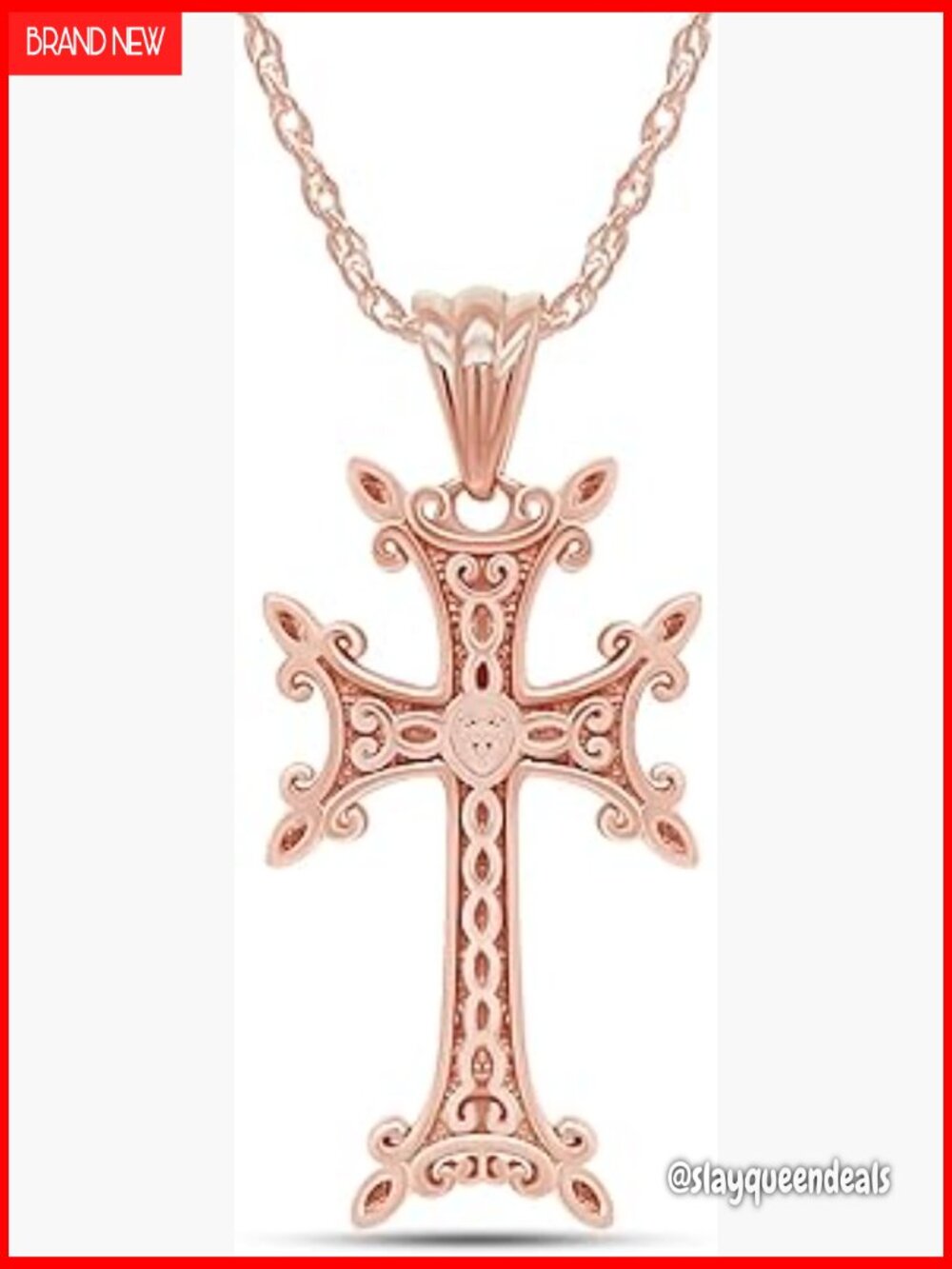 Armenian Cross Pendant Necklace with Rope Chain, 14K Gold Over 925 Sterling - Picture 1 of 7
